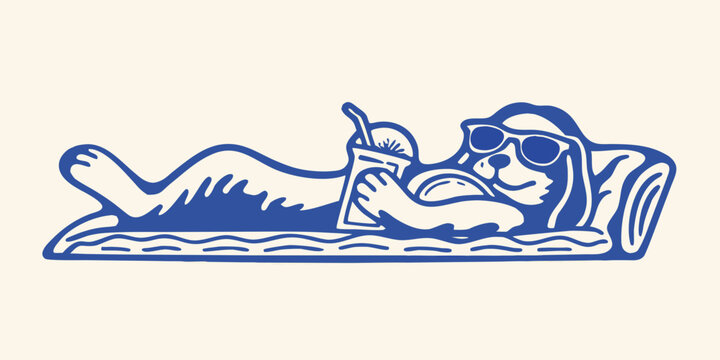 Relaxing dog with sunglasses and drink blue line art illustration on a light background