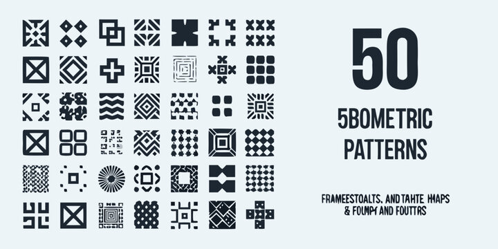 Collection of fifty black and white geometric patterns arranged in a grid on a light gray background