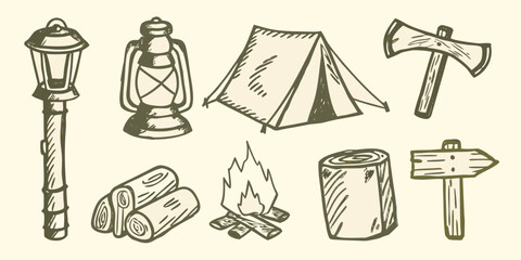 Sketch of camping equipment including a lantern tent axe and campfire on a beige background © Asit