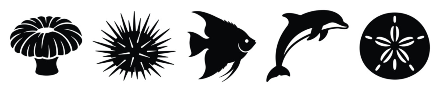 Marine creature and underwater organism black silhouettes for creating engaging aquatic themed visuals