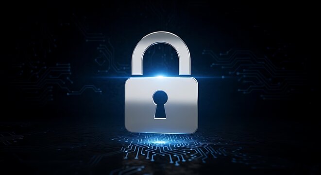 Padlock secures digital information on a glowing circuit board.