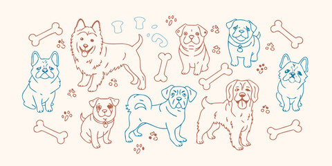 Line drawing illustration of various dog breeds with bones and paw prints on a beige background © Asit