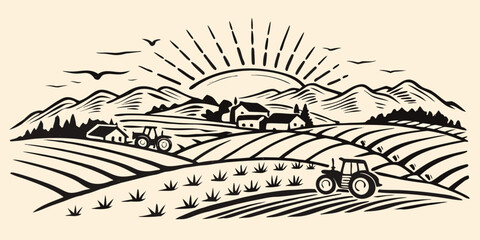 Rural landscape with tractors and farmland vintage style black and white illustration high quality professional © Asit