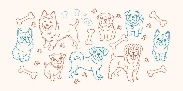 Line drawing illustration of various dog breeds with bones and paw prints on a beige background