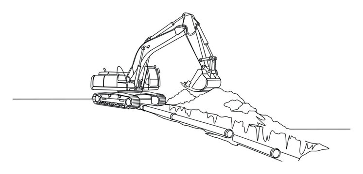 Continuous line drawing of an excavator digging a trench for pipe installation project