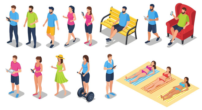 Set of isometric people characters in casual summer clothing and beachwear.