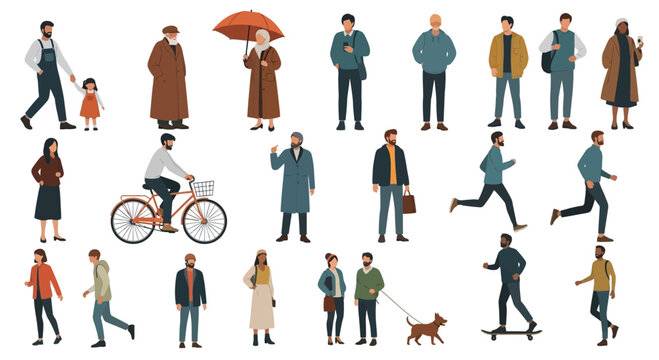 Diverse group of people in casual and winter clothing.