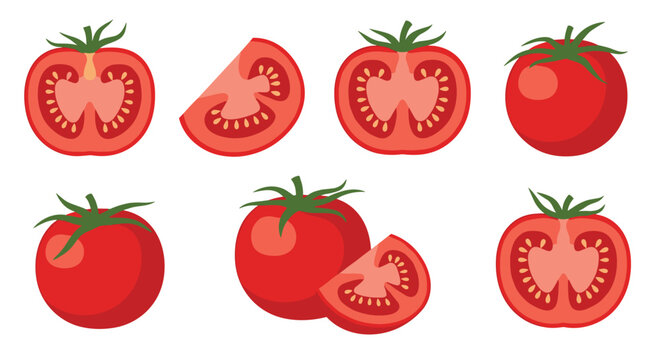 Set of red tomato illustrations featuring whole tomatoes, half cuts, and slices, rendered in a simple and clean graphic style.