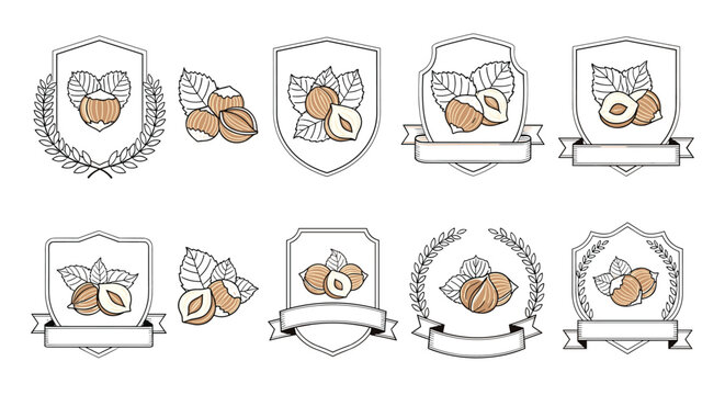 Collection of hazelnut logo emblems featuring nuts, leaves, and shields with ribbons for food product branding and labeling.