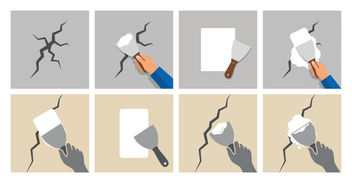 DRYWALL PATCH - Spackle knife smoothing plaster over a wall crack  Flat Vector Illustration on Transparent Background