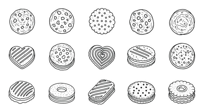Various black and white line art illustrations of cookies and biscuits with different shapes, patterns, and textures on white.