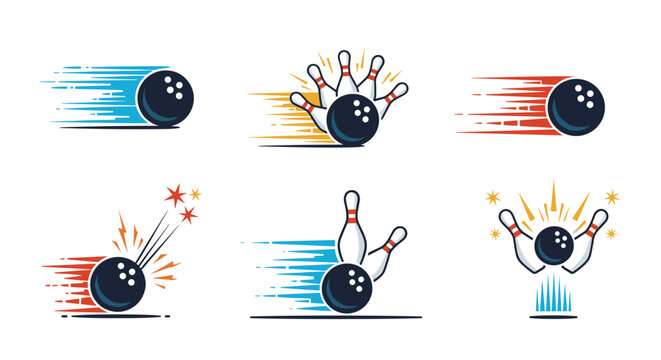 Bowling ball and pin vector icons set showing movement, strikes, and spare actions with colorful motion lines in a retro style.