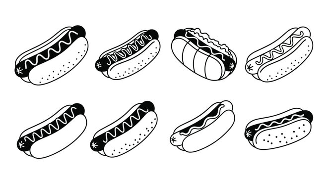 Hand drawn hot dog illustrations collection featuring sausages with mustard swirls and bite marks on soft buns for snack branding.