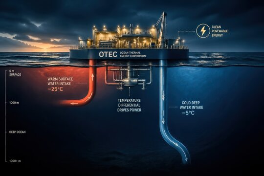 Ocean thermal energy conversion platform generating renewable energy using temperature differential at sea.