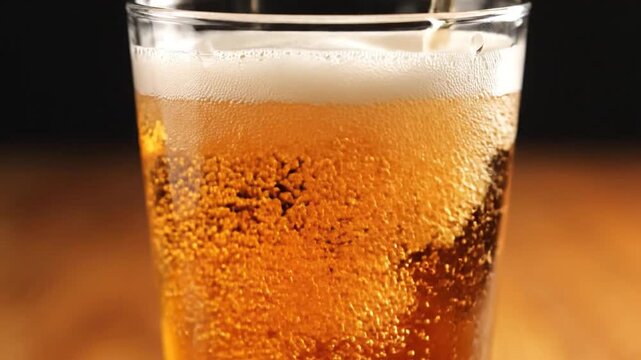 Golden beer with frothy foam being poured into a clear glass