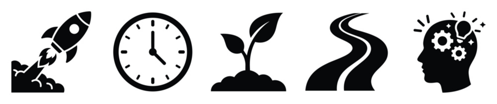 Dynamic business and personal development vector icons illustrating concepts of startup, time management, growth, journey, and innovative thinking for presentations.