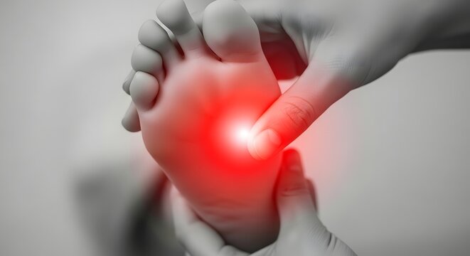 Foot massage and pressure point therapy for pain. Podiatry care and plantar fasciitis relief. Hands pressing on a painful foot sole with red glowing point
