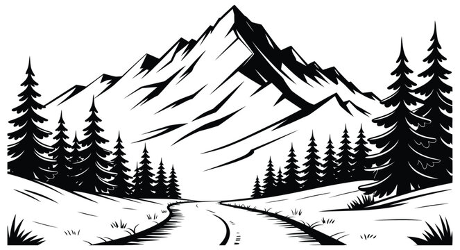 Mountain design with minimalist line art of mountains and pine trees illustration for outdoor branding, nature identity, and modern simple vector design use.