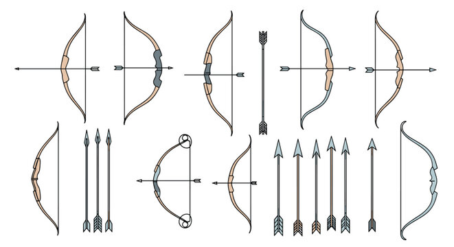Diverse selection of traditional archery equipment including various wooden bows and feathered arrows for sport or hunting illustrations.