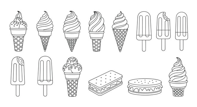 Assorted ice cream treats in a clean line art style including cones, popsicles, and sandwiches for summer dessert menu designs.