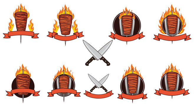Collection of doner kebab and shawarma emblems featuring rotating meat on skewers, burning flames, and crossed kitchen knives.