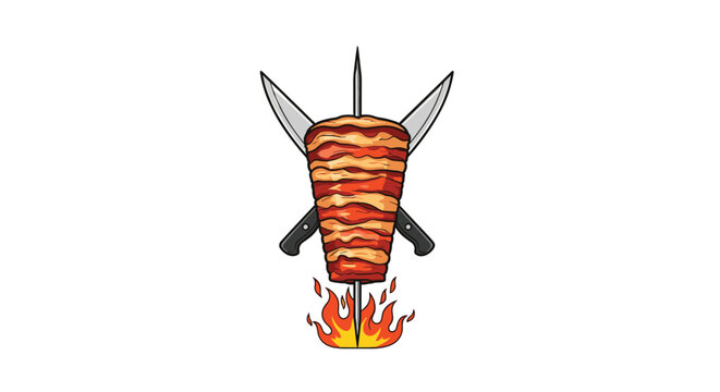 Shawarma meat on a vertical spit with crossed knives and fire below, isolated on white background for middle eastern food branding.