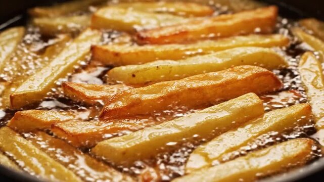 Golden french fries sizzling in hot cooking oil
