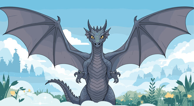 Detailed grey dragon with large leathery wings stares forward while standing in a misty landscape with silhouettes of ancient towers in the background.