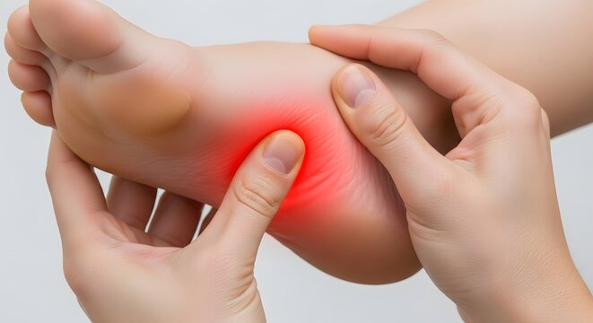 Hands pressing on a painful foot sole with red inflammation. Plantar fasciitis and podiatry relief. Person massaging a sore foot with glowing red pain indicators