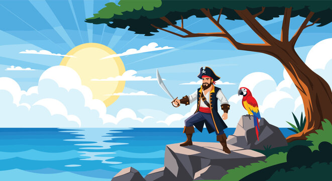 Brave pirate captain stands on a jagged rock with a cutlass in hand and a colorful parrot on his shoulder overlooking a sunny tropical ocean.