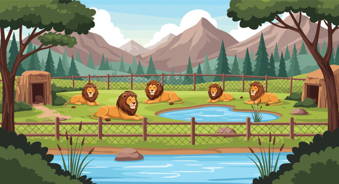 Group of five majestic lions rests peacefully in a grassy zoo enclosure featuring a small pond, rocky dens, and a mountain range backdrop.