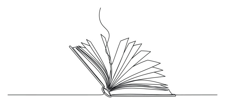 Continuous single line drawing of an open book with fanned pages and bookmark for educational literature concepts