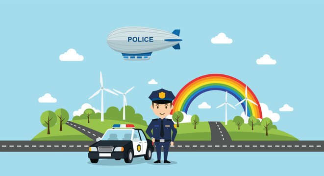 Dedicated police officer stands by his patrol car on a road under a rainbow and police blimp with wind turbines in the green landscape.