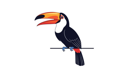 Fototapeta premium Colorful toucan bird with a large orange beak perched on a thin branch against a clean white background for nature projects.