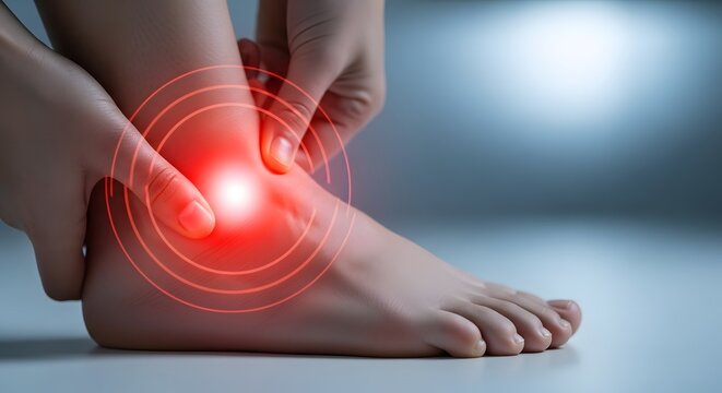 Ankle pain and joint inflammation anatomy. Sprain injury and orthopedic healthcare. Person holding a painful foot with red glowing circular signal for medical diagnosis