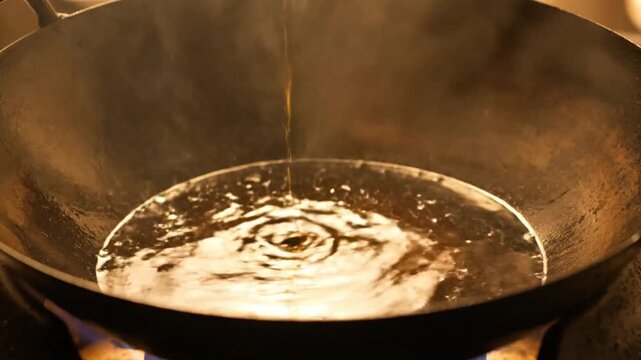 Hot oil being poured into a steaming wok on a gas stove for cooking