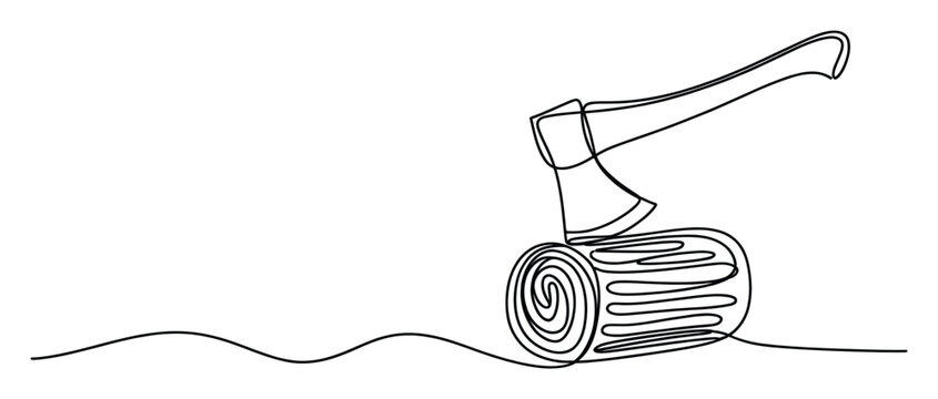 Dynamic one line drawing of a chopping axe striking into a wooden log, ideal for nature and construction related marketing materials.