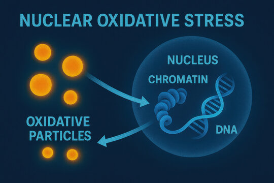 Nuclear oxidative stress mechanism illustration showing damage. Oxidative particles attack cell nucleus, affecting chromatin and DNA in this biomedical and scientific chart
