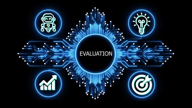 evaluation logo on glowing circuit board network, connected business icons for finance, analytics, partnership, growth and innovation on black background