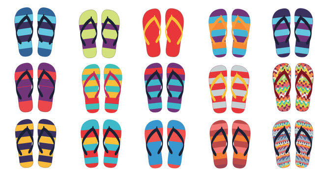 Large collection of colorful striped flip-flops and beach sandals in various bright patterns, colors, and designs.