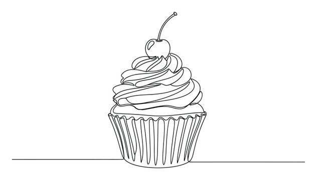 Elegant continuous line drawing of a delightful cupcake with a cherry for sweet treat branding
