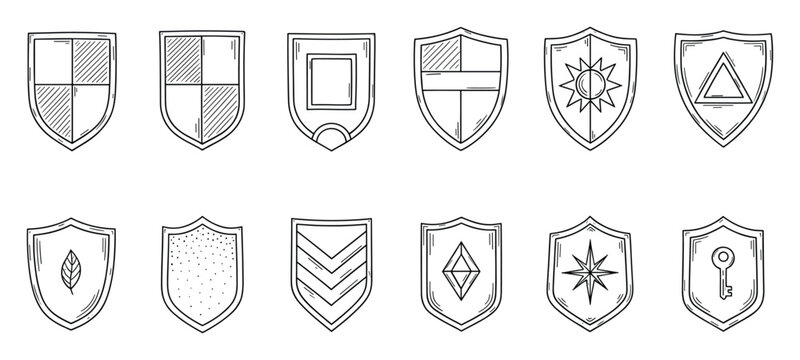 Collection of hand drawn shield icons featuring diverse symbols for game UI and graphic design