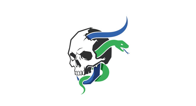 Skull with Green and Blue Snake Illustration on White Background