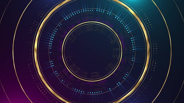 Luxury golden circular HUD interface cyan magenta dots, radial rings, and dark elegant copy space. tech titles, premium logo reveals, digital dashboards, futuristic promos, AI modern motion loops.