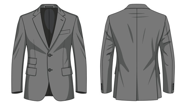 Detailed technical drawing of a men's classic grey tailored suit jacket shown from both the front and back to display design elements.