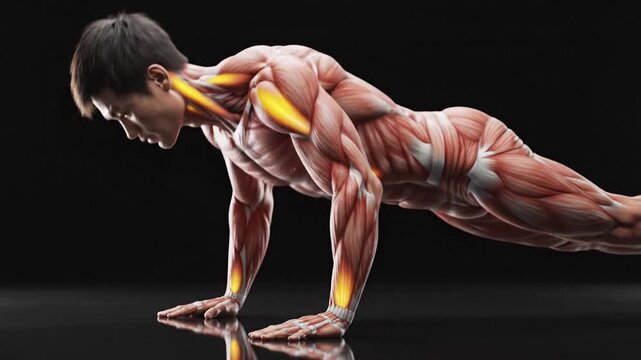 Anatomical illustration of a man performing push ups highlighting activated muscle groups on a black background
