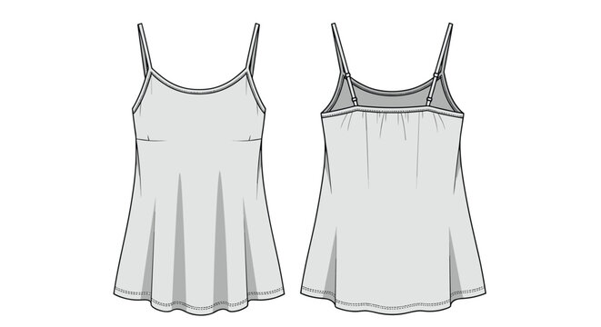 Technical fashion drawing shows the front and back perspectives of a basic grey camisole top with thin adjustable shoulder straps.