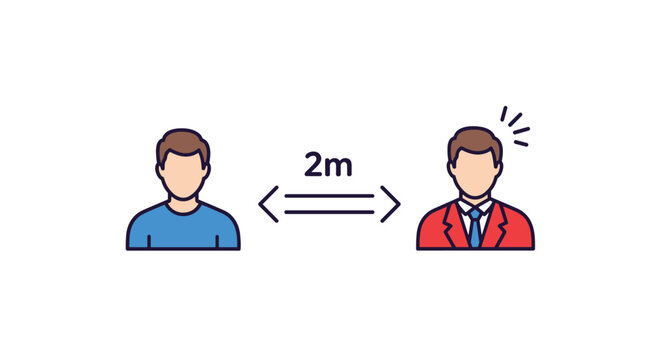 Informative graphic depicts two men standing apart with a double-headed arrow and the text 2m to show social distancing guidelines.