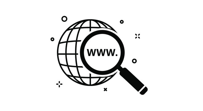 Magnifying glass focusing on a web address over a grid globe icon represents internet search and global connectivity.