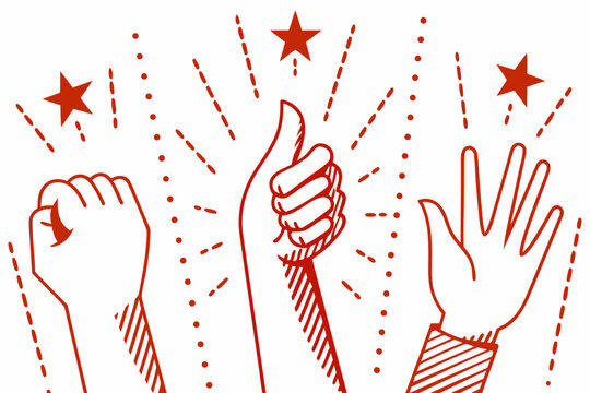 Hands giving gestures with stars reddish brown line art illustration
